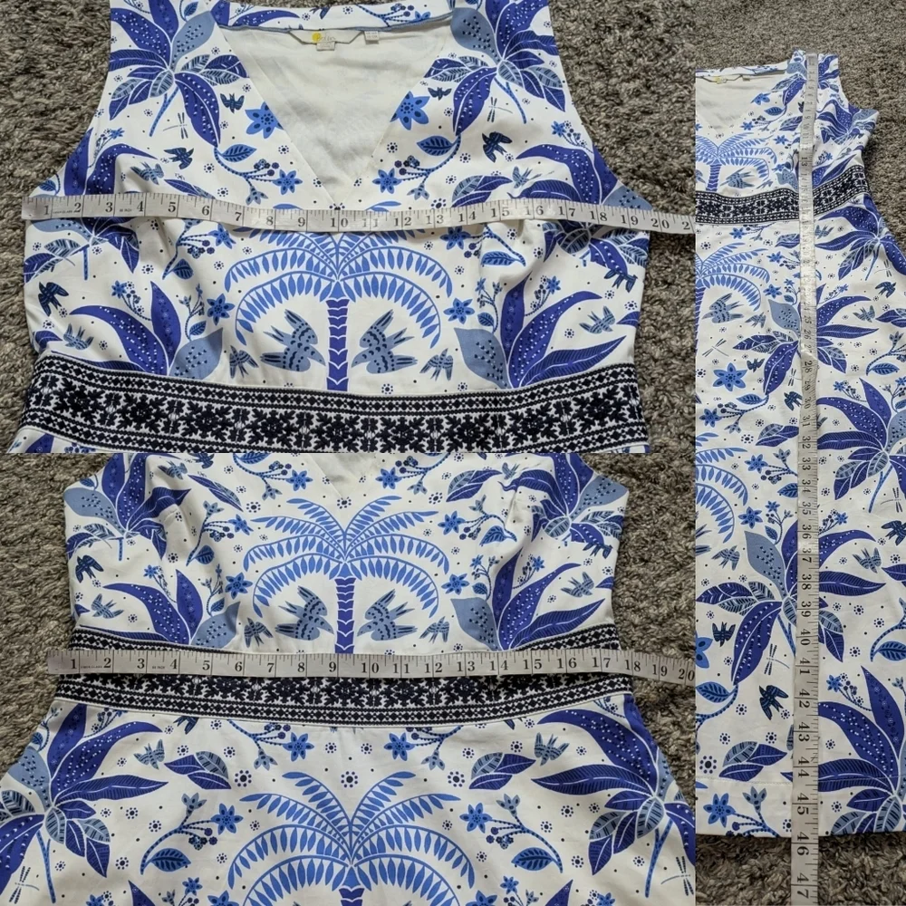 Boden Blue White Floral Bird Palm Tree Sleeveless V Neck Cotton Midi Dress 12 - Picture 10 of 10